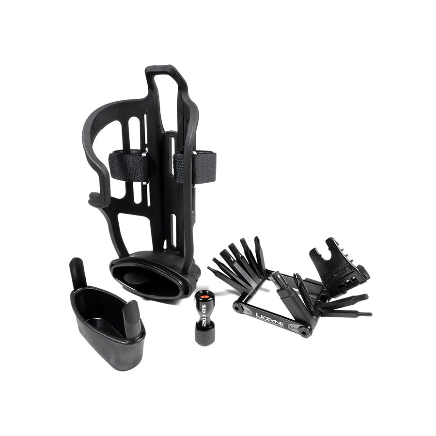 Lezyne, Tubeless Flow Storage Loaded, Bottle Cage, Composite, Includes CO2 Head, V18 Multi-Tool with Tubeless Reamer & Tire Plug Kits, 2 CO2 Cartridges (Right)